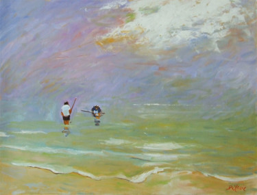 Peinture intitulée "La pêche aux crevet…" par Patrick Marie, Œuvre d'art originale, Huile Monté sur Châssis en bois