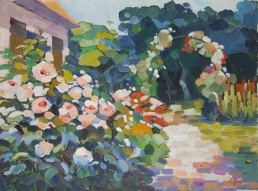 Painting titled "Le jardin - garden 2" by Patrick Marie, Original Artwork, Oil Mounted on Wood Stretcher frame