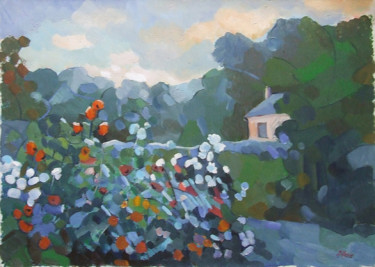 Painting titled "Massif de dahlias l…" by Patrick Marie, Original Artwork, Oil Mounted on Wood Stretcher frame