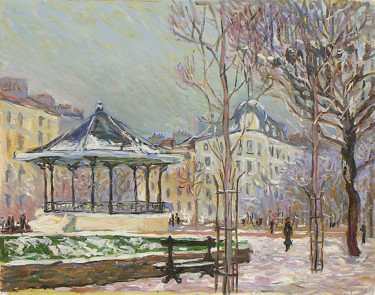 Painting titled "Le kiosque - Paris" by Patrick Marie, Original Artwork, Oil Mounted on Wood Stretcher frame