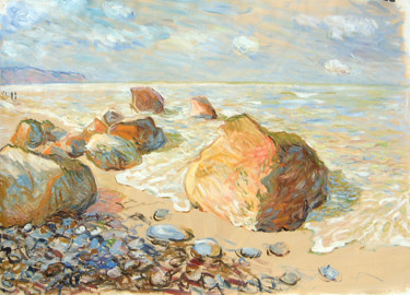 Painting titled "Plage normande - Di…" by Patrick Marie, Original Artwork, Oil Mounted on Wood Stretcher frame