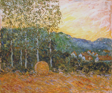 Painting titled "Campagne le soir" by Patrick Marie, Original Artwork, Oil Mounted on Wood Stretcher frame