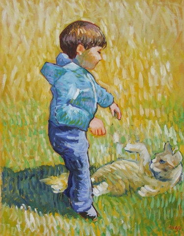 Painting titled "L'enfant et le chat" by Patrick Marie, Original Artwork, Oil Mounted on Wood Stretcher frame