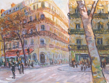 Painting titled "Rue de Paris" by Patrick Marie, Original Artwork, Oil Mounted on Wood Stretcher frame