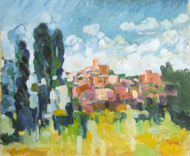 Painting titled "Village de Toscane" by Patrick Marie, Original Artwork, Oil Mounted on Wood Stretcher frame