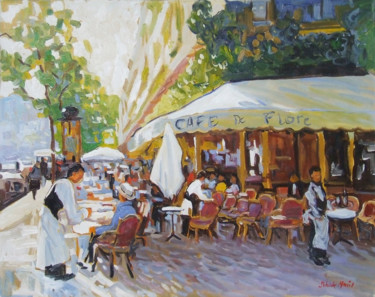 Painting titled "Café parisien" by Patrick Marie, Original Artwork, Oil Mounted on Wood Stretcher frame
