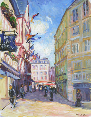 Painting titled "Un rue de Rouen" by Patrick Marie, Original Artwork, Oil Mounted on Wood Stretcher frame