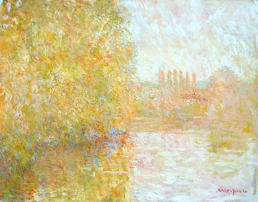 Painting titled "Brume sur la Seine" by Patrick Marie, Original Artwork, Oil Mounted on Wood Stretcher frame