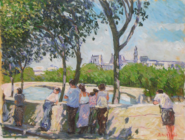 Painting titled "Badauds parisiens" by Patrick Marie, Original Artwork, Oil Mounted on Wood Stretcher frame