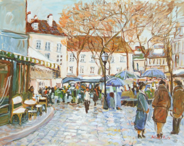 Peinture intitulée "Montmartre - place…" par Patrick Marie, Œuvre d'art originale, Huile Monté sur Châssis en bois