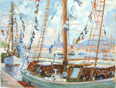 Painting titled "L'Armada à Rouen" by Patrick Marie, Original Artwork, Oil Mounted on Wood Stretcher frame