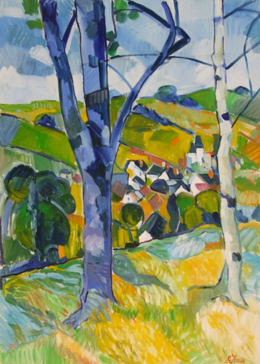 Painting titled "L'arbre bleu" by Patrick Marie, Original Artwork, Oil