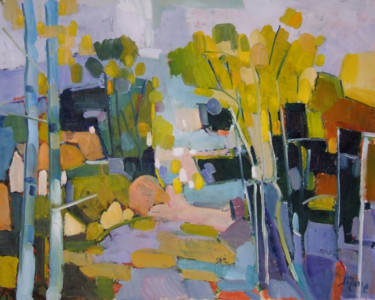 제목이 "Entrée de village"인 미술작품 Patrick Marie로, 원작, 기름 나무 들것 프레임에 장착됨