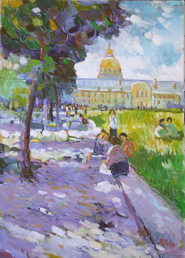 Painting titled "Le parc des Invalid…" by Patrick Marie, Original Artwork, Oil Mounted on Wood Stretcher frame