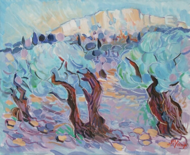 Painting titled "Les oliviers aux Ba…" by Patrick Marie, Original Artwork, Oil Mounted on Wood Stretcher frame