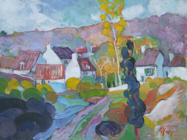 Painting titled "village au pays de…" by Patrick Marie, Original Artwork, Oil Mounted on Wood Stretcher frame