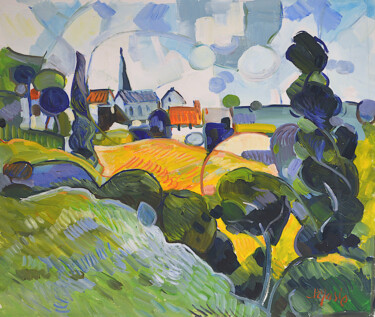 Painting titled "Village Normand N°5" by Patrick Marie, Original Artwork, Oil Mounted on Wood Stretcher frame