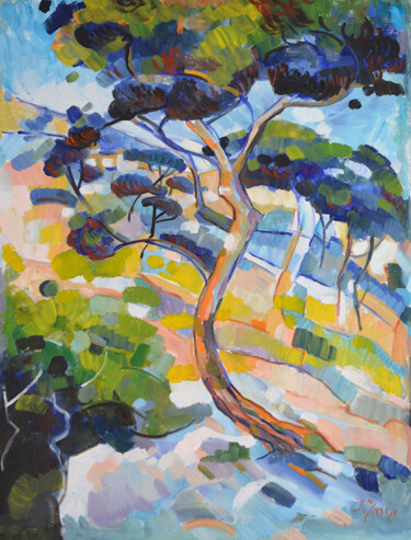 Painting titled "L'arbre tordu" by Patrick Marie, Original Artwork, Oil Mounted on Wood Stretcher frame