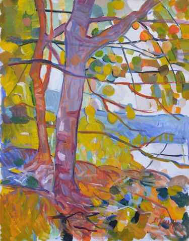 Malerei mit dem Titel "L'arbre rouge" von Patrick Marie, Original-Kunstwerk, Öl Auf Keilrahmen aus Holz montiert