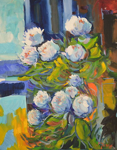 Painting titled "Les pivoines" by Patrick Marie, Original Artwork, Oil Mounted on Wood Stretcher frame