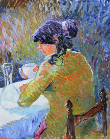 Painting titled "La tasse de café" by Patrick Marie, Original Artwork, Oil Mounted on Wood Stretcher frame