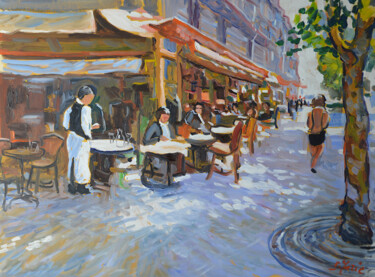 Painting titled "Une rue parisienne" by Patrick Marie, Original Artwork, Oil Mounted on Wood Stretcher frame