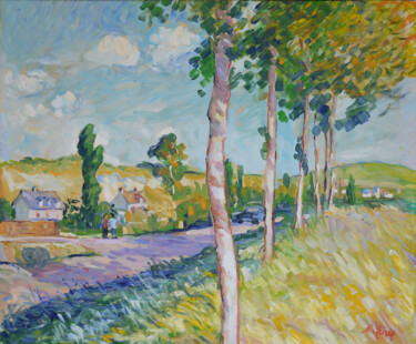 Painting titled "Route de campagne" by Patrick Marie, Original Artwork, Oil Mounted on Wood Stretcher frame