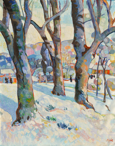 Painting titled "Le Parc enneigé" by Patrick Marie, Original Artwork, Oil
