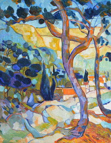 Painting titled "Village de Provence…" by Patrick Marie, Original Artwork, Oil Mounted on Wood Stretcher frame