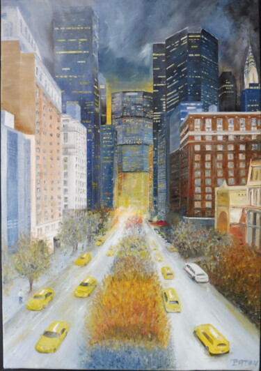 Painting titled "Flamboyant Manhattan" by Patrick Paton, Original Artwork, Oil Mounted on Wood Stretcher frame