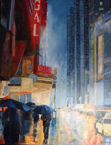 Peinture intitulée "42eme sous la pluie" par Patrick Paton, Œuvre d'art originale, Huile Monté sur Châssis en bois