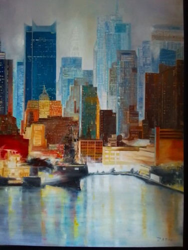 Painting titled "Manhattan vue de l’…" by Patrick Paton, Original Artwork, Oil Mounted on Wood Stretcher frame