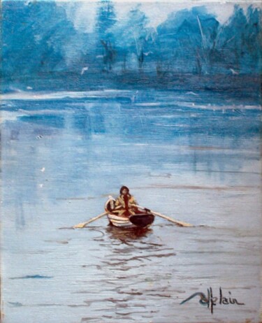 Peinture intitulée "Barque dans la brume" par Patrick Pottelain, Œuvre d'art originale, Huile