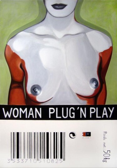 Painting titled "Woman Plug and Play…" by Patrick Santoni, Original Artwork, Acrylic Mounted on Wood Stretcher frame