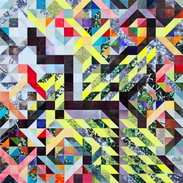 Collages intitulée "Pixel blues Origine" par Shub, Œuvre d'art originale, Collages Monté sur Châssis en bois