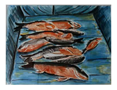 Painting titled "Carpes rouges" by Patrick Tubaro, Original Artwork, Watercolor Mounted on Glass