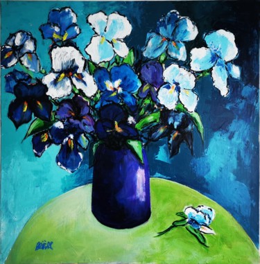 Painting titled "Iris bleus" by Patrick Briere, Original Artwork, Acrylic Mounted on Wood Stretcher frame