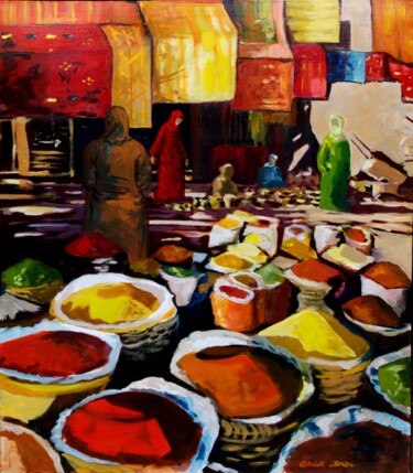 Painting titled "Marché aux epices" by Patrick Briere, Original Artwork, Oil Mounted on Wood Stretcher frame