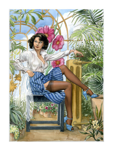 Картина под названием "Jeanne dans la serre" - Patrick Hitte, Подлинное произведение искусства, Акварель