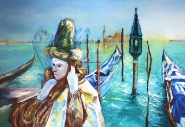 Painting titled "Masque-sur-la-lagune" by Patrick Nevoso, Original Artwork, Oil