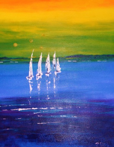 Painting titled "5-voiliers-au-crepu…" by Patrick Nevoso, Original Artwork, Oil