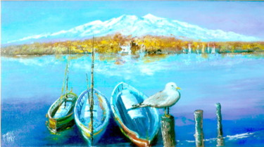 Painting titled "Lac bleu" by Patrick Nevoso, Original Artwork, Oil