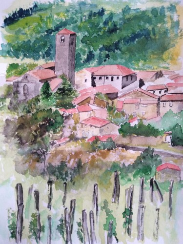 Malerei mit dem Titel "Hameau dans les gor…" von Patrick Nevoso, Original-Kunstwerk, Aquarell