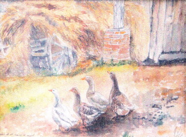 Painting titled "Les oies de Coppel" by Patrick Nevoso, Original Artwork, Watercolor