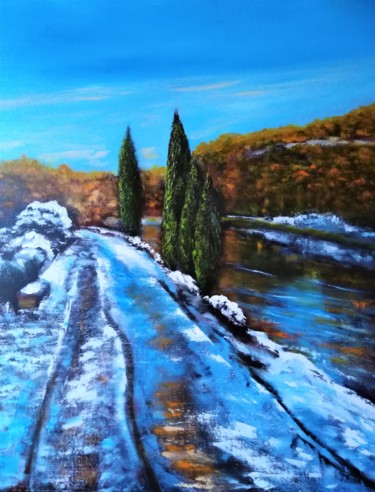 Painting titled "Neige de fin d'auto…" by Patrick Nevoso, Original Artwork, Oil Mounted on Wood Stretcher frame