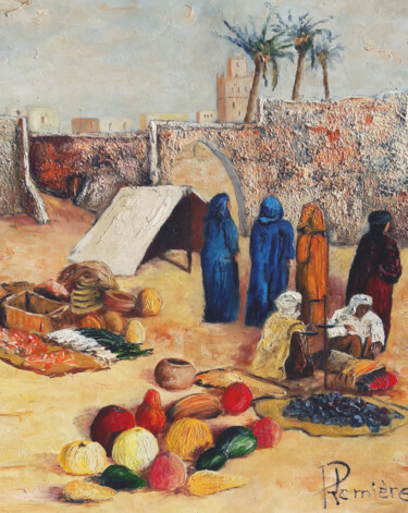 Painting titled "Marché marocain" by Patrick Lemiere, Original Artwork, Oil