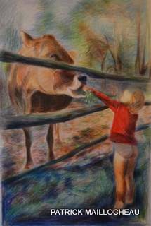 Peinture intitulée "L ENFANT ET LA VACHE" par Patrick Maillocheau, Œuvre d'art originale, Huile