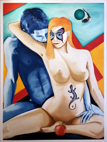 Painting titled "COUPLE BICOLORE" by Patrix Watelet, Original Artwork, Oil Mounted on Wood Stretcher frame