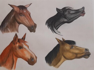 Painting titled "Chevaux 1" by Patrizia Pic, Original Artwork, Watercolor Mounted on Other rigid panel