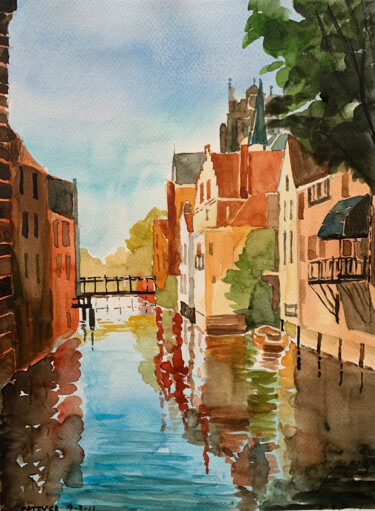 Painting titled "Dordrecht, canale i…" by Patrizia Salcini, Original Artwork, Watercolor
